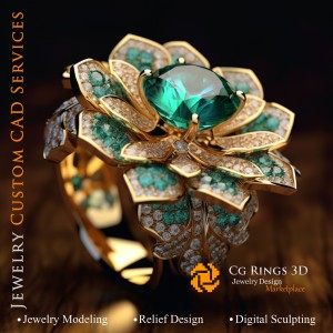 Anillo flor con esmeralda y diamantes - CAD 3D de joyería para el hogar, IA - CAD 3D de anillos, IA