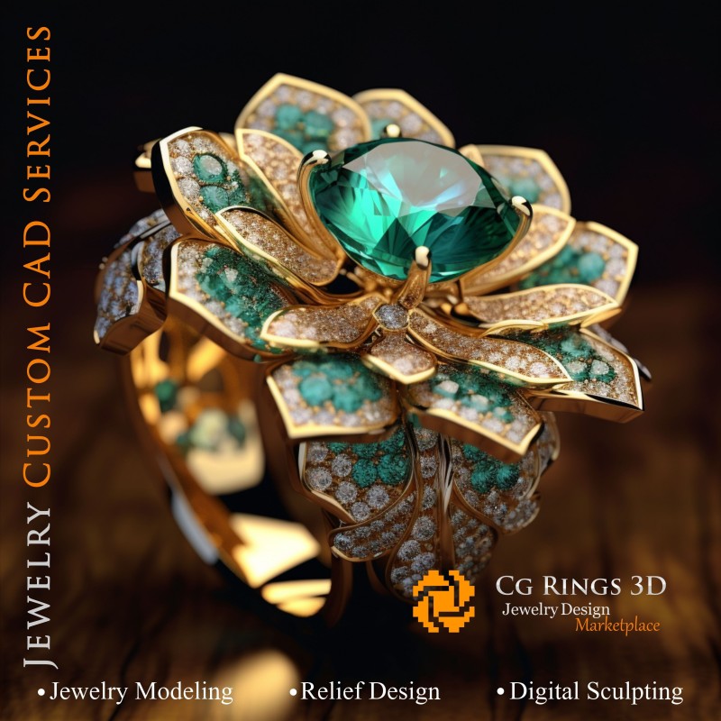 Anillo flor con esmeralda y diamantes - CAD 3D de joyería para el hogar, IA - CAD 3D de anillos, IA