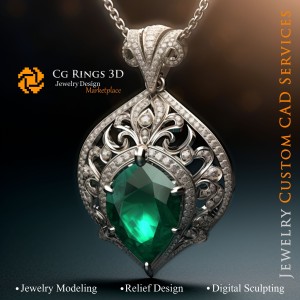祖母绿与钻石吊坠 - 3D CAD 珠宝主页，AI - 珠宝 3D CAD，AI - 吊坠 3D CAD