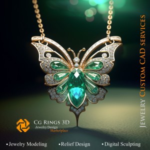 Schmetterlingsanhänger mit Smaragden und Diamanten - 3D-CAD-Schmuck Zuhause, KI - Schmuck 3D-CAD, KI - Anhänger 3D-CAD