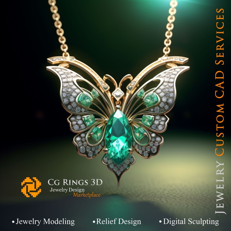 Schmetterlingsanhänger mit Smaragden und Diamanten - 3D-CAD-Schmuck Zuhause, KI - Schmuck 3D-CAD, KI - Anhänger 3D-CAD