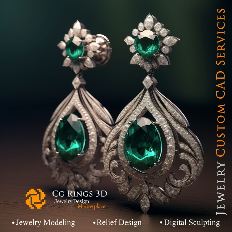 Pendientes con esmeraldas y diamantes - Joyas 3D CAD Home, IA - Joyas 3D CAD, IA - Pendientes 3D CAD