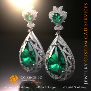 Ohrringe mit Smaragden und Diamanten - Schmuck 3D-CAD Zuhause, KI - Schmuck 3D-CAD, KI - Ohrringe 3D-CAD