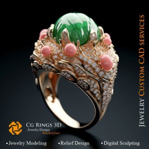 Anillo Coral con Esmeralda, Coral y Diamantes - CAD 3D Joyería Hogar, IA - CAD 3D Joyería, IA - Anillos CAD 3D