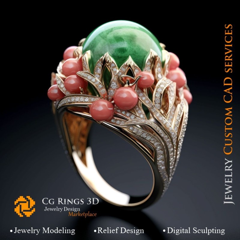 珊瑚与祖母绿、珊瑚和钻石戒指 - 3D CAD 珠宝主页，AI - 珠宝 3D CAD，AI - 戒指 3D CAD