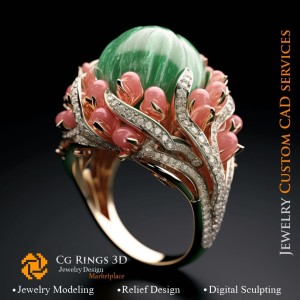 Anello Corallo con Smeraldo, Corallo e Diamanti - Gioielli CAD 3D Home, AI - Gioielli CAD 3D, AI - Anelli CAD 3D
