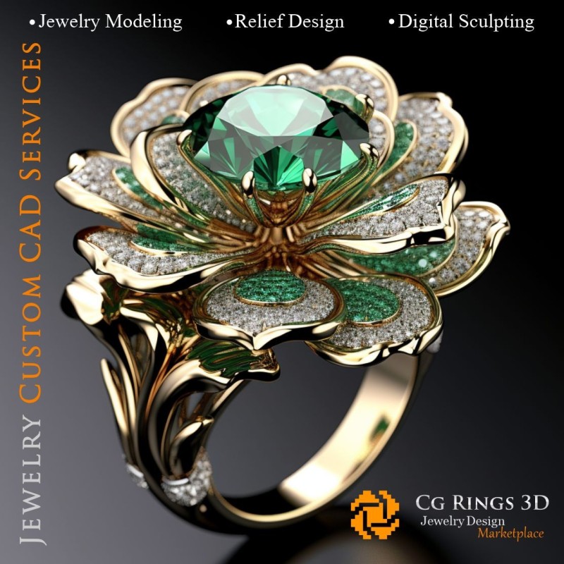 Blumenring mit Smaragd und Diamanten - 3D-CAD-Schmuck Zuhause, KI - Schmuck 3D-CAD, KI - Ringe 3D-CAD