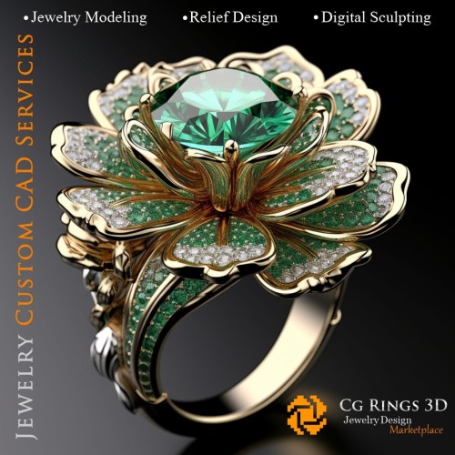 花朵戒指，镶嵌祖母绿与钻石 - 3D CAD 珠宝主页，AI - 珠宝 3D CAD，AI - 戒指 3D CAD