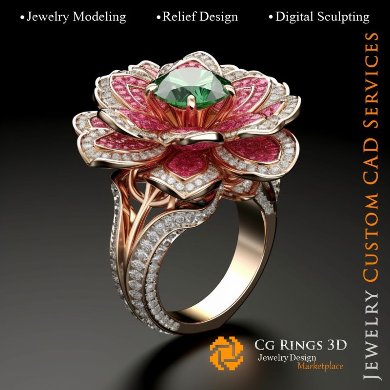 Blumenring mit Rubin, Smaragd und Diamanten - 3D-CAD-Schmuck Zuhause, KI - Schmuck 3D-CAD, KI - Ringe 3D-CAD