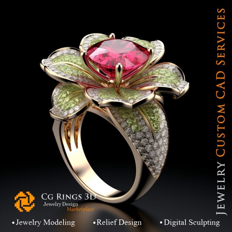 Anillo flor con rubí, esmeralda y diamantes - CAD 3D de joyería para el hogar, IA - CAD 3D de joyería, IA - Anillos CAD 3D