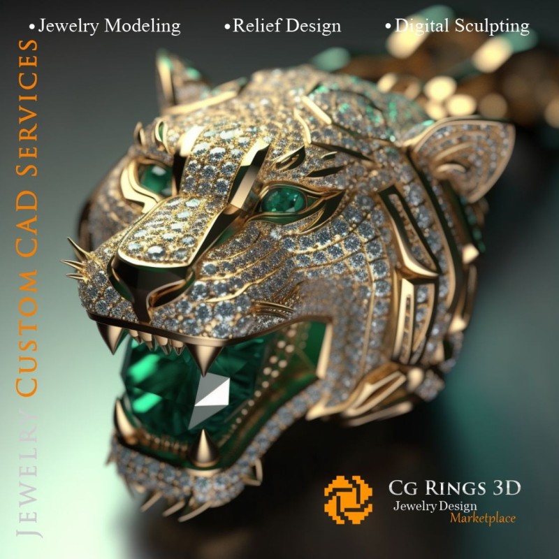 Anhänger Tiger mit Smaragden und Diamanten - Schmuck 3D-CAD Home, KI - Schmuck 3D-CAD, KI - Anhänger 3D-CAD