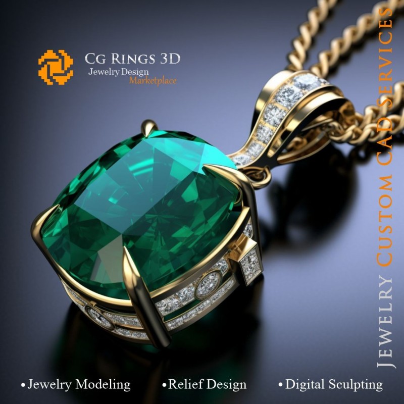祖母绿与钻石吊坠 - 珠宝3D CAD主页，AI - 珠宝3D CAD，AI - 吊坠3D CAD