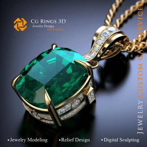 Pendente con smeraldo e diamanti - Gioielli 3D CAD Home, IA - Gioielleria 3D CAD, IA - Pendentivi 3D CAD