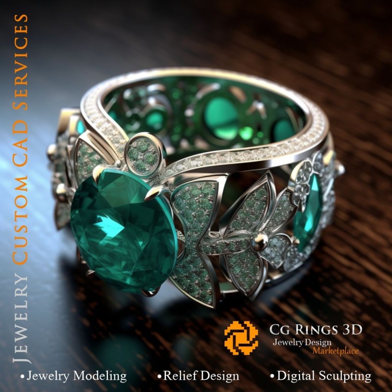 Anillo con Esmeralda y Diamantes - CAD 3D de Joyería, IA - CAD 3D de Joyería, IA - Anillos CAD 3D