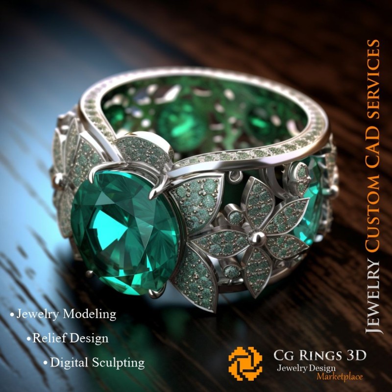 Anillo con esmeralda y diamantes - CAD 3D de joyería, IA - CAD 3D de anillos, IA