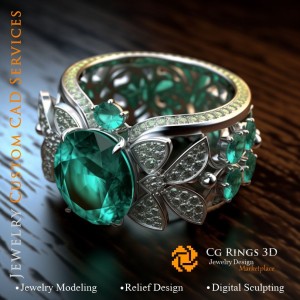 Anillo con esmeralda y diamantes - CAD 3D de joyería para el hogar, IA - CAD 3D de joyería, IA - CAD 3D de anillos