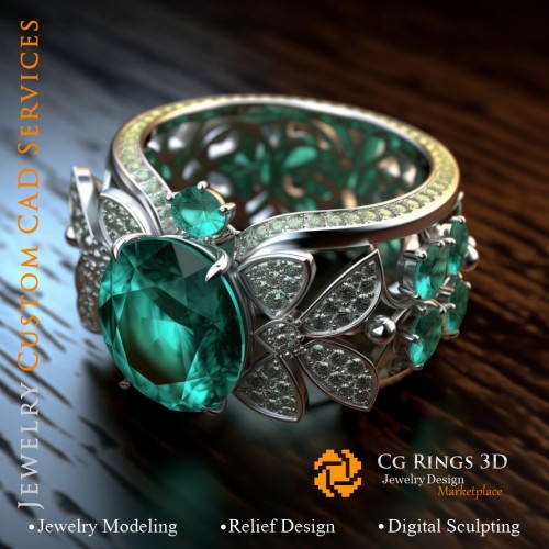 Anello con Smeraldo e Diamanti - CAD 3D Gioielleria Home, AI - CAD 3D Gioielli, AI - Anelli CAD 3D