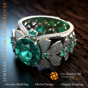 祖母绿钻石戒指 - 3D CAD 珠宝之家，AI - 珠宝 3D CAD，AI - 戒指 3D CAD