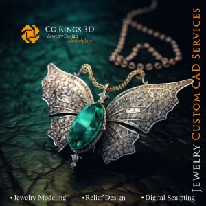 Schmetterlingsanhänger mit Smaragd und Diamanten - Schmuck 3D-CAD Zuhause, KI - Schmuck 3D-CAD, KI - Anhänger 3D-CAD