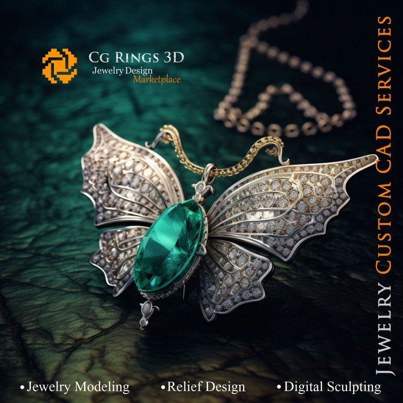 Schmetterlingsanhänger mit Smaragd und Diamanten - Schmuck 3D-CAD Zuhause, KI - Schmuck 3D-CAD, KI - Anhänger 3D-CAD