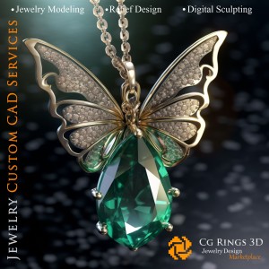 Schmetterlingsanhänger mit Smaragd und Diamanten - Schmuck 3D-CAD Home, KI - Schmuck 3D-CAD, KI - Anhänger 3D-CAD