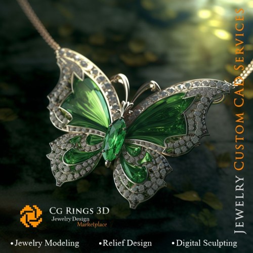 Ciondolo a farfalla con smeraldo e diamanti - Gioielleria 3D CAD Home, AI - Gioielleria 3D CAD, AI - Ciondoli 3D CAD