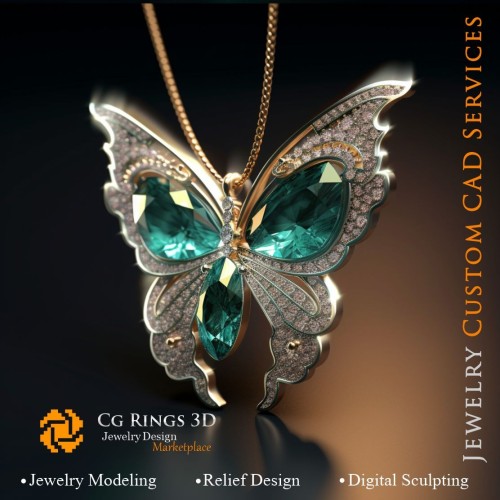 蝴蝶吊坠，镶嵌祖母绿与钻石 - 珠宝3D CAD主页，AI - 珠宝3D CAD，AI - 吊坠3D CAD