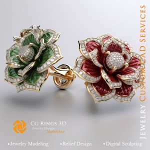 Blumenmanschettenknöpfe mit Rubin, Smaragd und Diamanten - 3D-CAD-Schmuck Zuhause, KI - Schmuck 3D-CAD, KI - Manschettenknöpfe