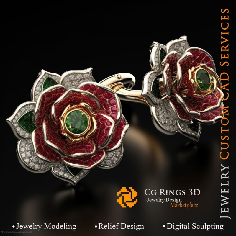 Blumenmanschettenknöpfe mit Rubin, Smaragd und Diamanten - 3D-CAD-Schmuck Zuhause, KI - Schmuck 3D-CAD, KI - Manschettenknöpfe