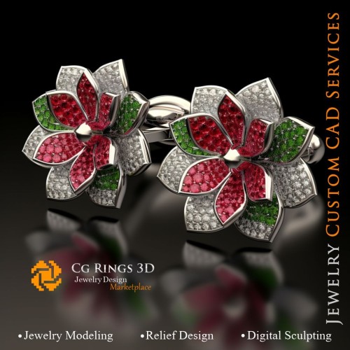 Gemelos en forma de flor con rubí, esmeralda y diamantes - CAD 3D de joyería para el hogar, IA - Joyería CAD 3D, IA - Gemelos
