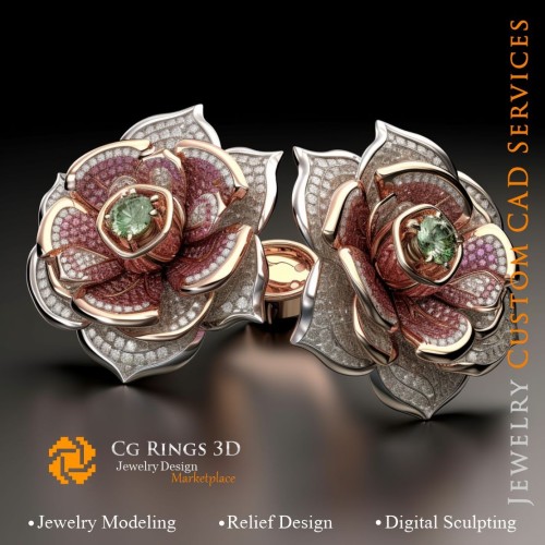 花卉袖扣，镶红宝石、祖母绿与钻石 - 3D CAD 珠宝设计之家，AI - 珠宝 3D CAD，AI - 袖扣 3D CAD，AI - 3D CAD