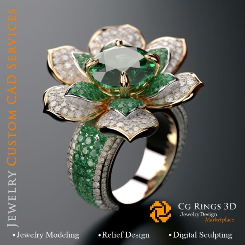 Ring mit Smaragd und Diamanten - 3D-CAD-Schmuck Zuhause, KI - Schmuck 3D-CAD, KI - Ringe 3D-CAD