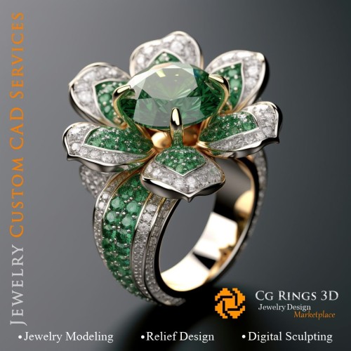 Anillo con esmeralda y diamantes - CAD 3D de joyería para el hogar, IA - CAD 3D de joyería, IA - CAD 3D de anillos