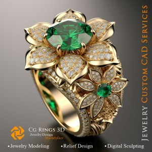 祖母绿与钻石戒指 - 3D CAD 珠宝主页，AI - 珠宝 3D CAD，AI - 戒指 3D CAD，AI - 3D CAD 珠宝 Melody of Co