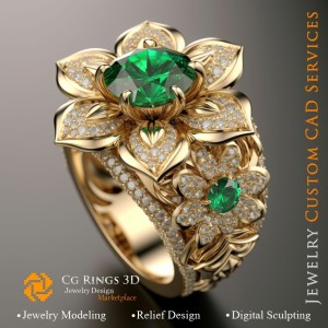 花环戒指，镶祖母绿与钻石 - 3D CAD 珠宝之家，AI - 珠宝 3D CAD，AI - 戒指 3D CAD