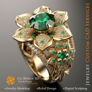 翡翠钻石花朵戒指 - 3D CAD 珠宝系列，AI - 珠宝 3D CAD，AI - 戒指 3D CAD，AI - 3D CAD 珠宝 Melod