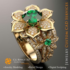 花朵戒指，镶嵌祖母绿与钻石 - 3D CAD 珠宝之家，AI - 珠宝 3D CAD，AI - 戒指 3D CAD，AI - 3D CAD 珠宝 Melod