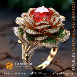Anillo floral con rubí, esmeralda y diamantes - CAD 3D de joyería para el hogar, IA - CAD 3D de joyería, IA - Colgantes CAD 3D