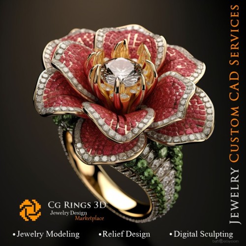 Anillo Floral con Rubí, Esmeralda y Diamantes - CAD 3D para Joyería, IA - CAD 3D de Anillos
