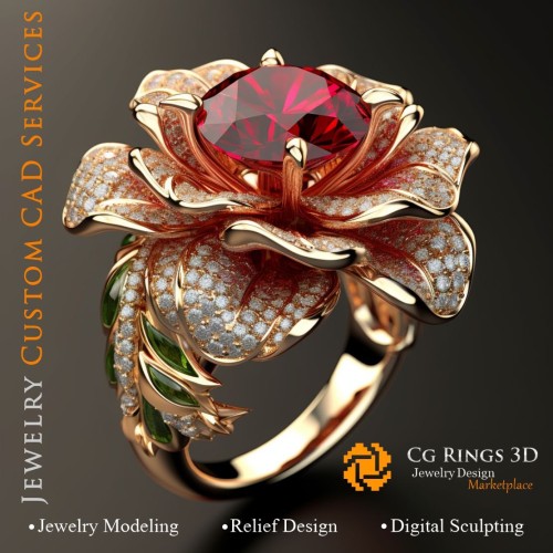 花朵戒指（红宝石、祖母绿与钻石） - 3D CAD 珠宝之家，AI - 珠宝 3D CAD，AI - 戒指 3D CAD