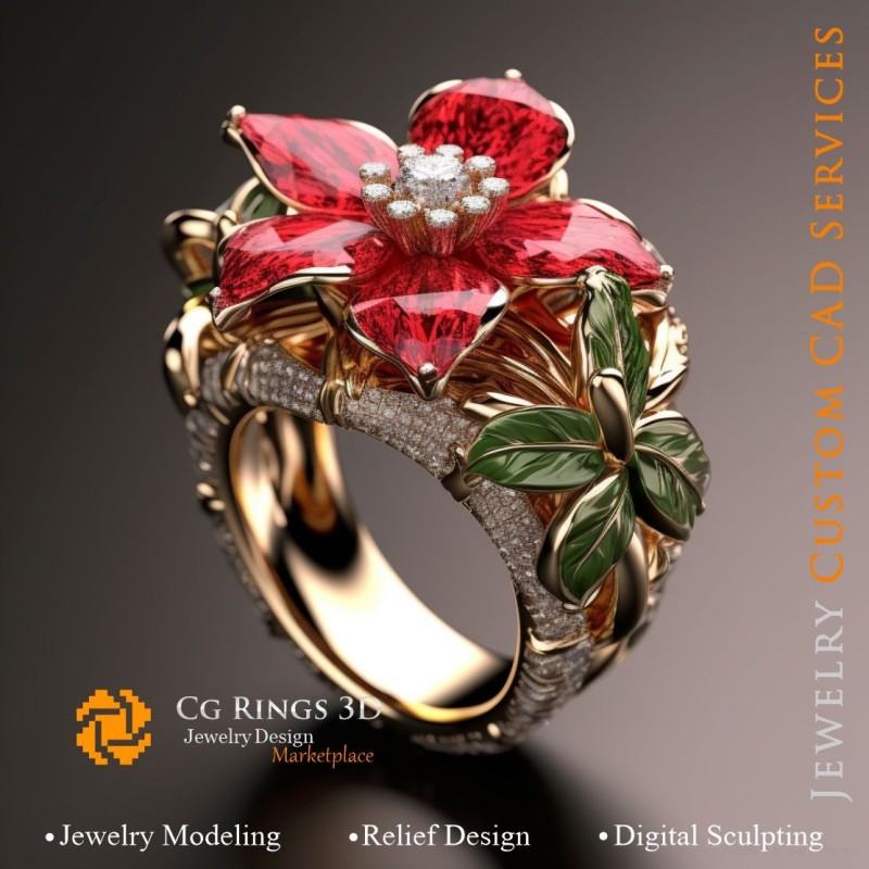 花环戒指（红绿珐琅与钻石）- 3D CAD 珠宝主页，AI - 珠宝 3D CAD，AI - 戒指 3D CAD