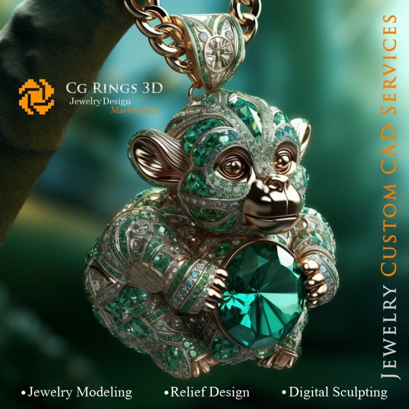 Ciondolo Scimmia con Smeraldi e Diamanti - CAD Gioielli 3D, AI - Gioielli CAD 3D, AI - Ciondoli CAD 3D