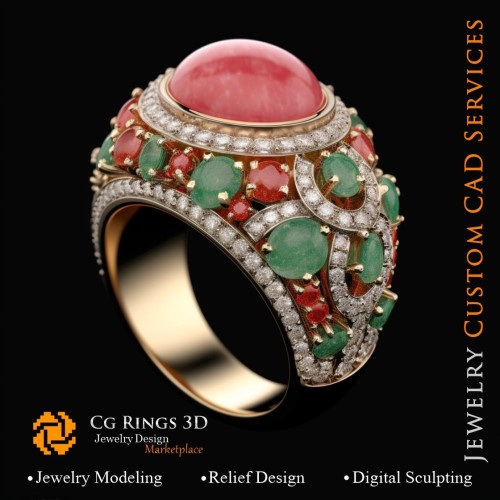 Anello Corallo con Smeraldo, Corallo e Diamanti - CAD Gioielli 3D, AI - CAD Gioielli 3D anelli