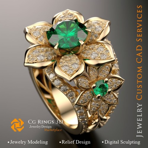 Anello a fiore con smeraldo e diamanti - CAD 3D gioielleria, AI - CAD 3D anelli, AI