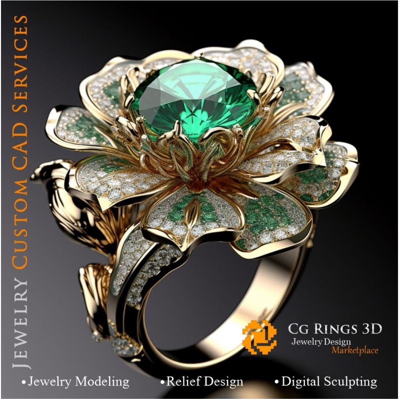 Blumenring mit Smaragd und Diamanten - 3D-CAD-Schmuck Haus, KI - Schmuck 3D-CAD, KI - Ringe 3D-CAD