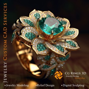 Anillo flor con esmeralda y diamantes - CAD 3D de joyería para el hogar, IA - Joyería CAD 3D, IA - Anillos CAD 3D