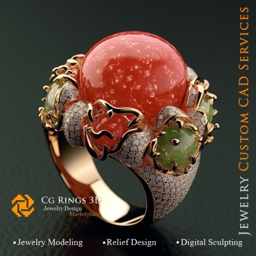 Ring Koralle mit Diamanten - 3D-CAD Schmuck Home, KI - Schmuck 3D-CAD, KI - Ringe 3D-CAD