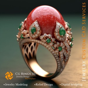 Anello con Corallo ed Smeraldo, Corallo e Diamanti - Gioielleria CAD 3D, IA - Gioielleria CAD 3D, IA - Anelli CAD 3D