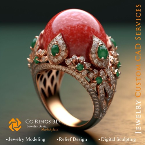 Ring Koralle mit Smaragd, Koralle und Diamanten - 3D-CAD Schmuck Home, KI - Schmuck 3D-CAD, KI - Ringe 3D-CAD