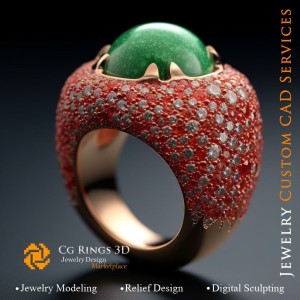 Anillo Coral con Esmeralda, Coral y Diamantes - Joyería CAD 3D